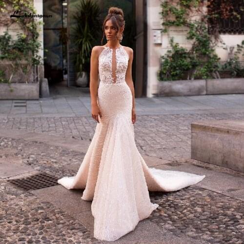 Lakshmigown Elegant Women Mermaid Dress Glitter Sequin Wedding Gowns 2020 Lace Bodice Bruiloft Sukienki Sexy Long Bridal Dresses