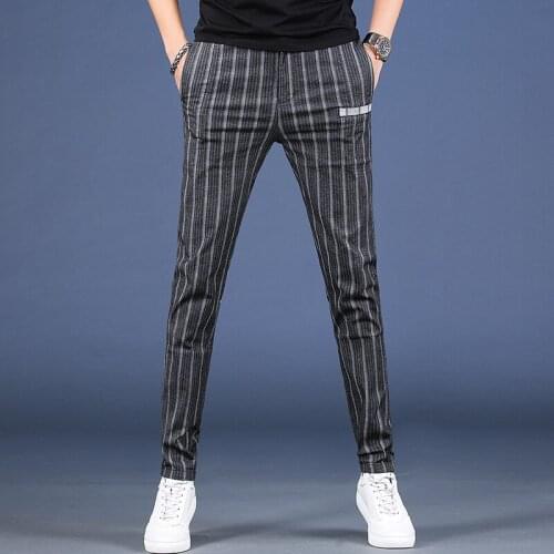 Mens Fashion Striped Casual Pants Men Summer Thin Black Gray Slim Fit Trousers