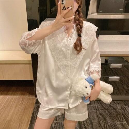 New Summer Products Court Style Womens Pajamas Suit Lace Nightgown V-neck Cardigan Home Clothes Sweet Style Lady Sleepwear