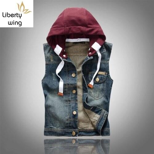 Autumn Mens Waistcoat Korean Fashion Casual Punk Style Vintage Hooded Vests Slim Motorcycle Hat Detachable Washed Man Denim Coat