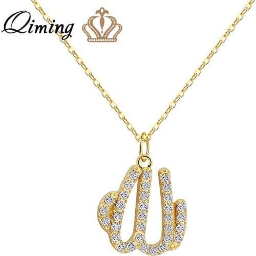 QIMING Golden Arabic Necklace Women Ancient Muslim Islamic Jewelry Rhinestone Crystal Necklace Allah Name Petite Party Gift