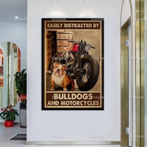 Motorcycles And Bulldog Dog Lovers Retro Poster Easily Distracted By Bulldogs And Motorcycles Wall Art Prints Home Decor Canvas