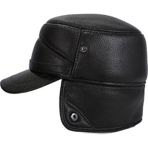 New Natural Genuine Leather Cap Winter Men Warm Army Military Hats Thick Fluff Fur Sheepskin Leather Hat Mens Flat Caps Dad Hat