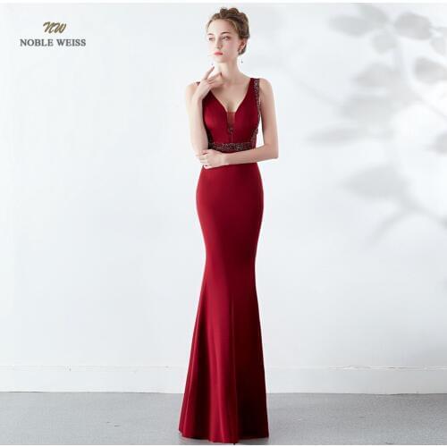 Elegant Mermaid Long Evening Dress Dark Red Beading Sexy In Stock V-neck Party Dresses Prom Gown