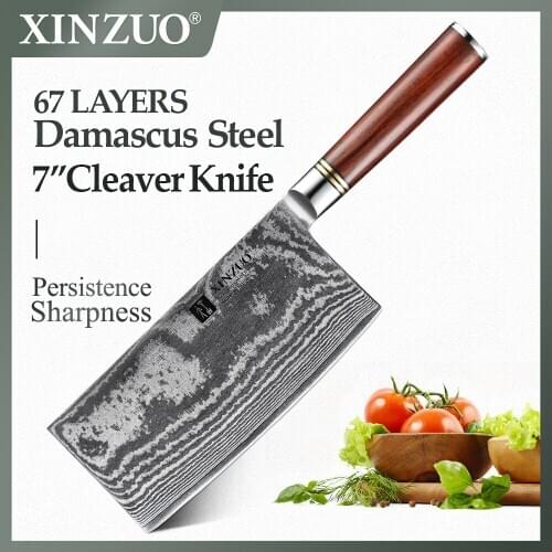 XINZUO 7'' inches Slicing Knife High Quality Carbon Damascus Steel Kitchen Knives Butcher Cleaver Knife with Rosewood Handle