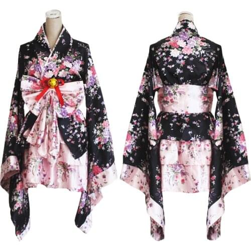 Japanese Anime Cosplay Lolita Dress Cherry Sakura Flower Printing Kimono Fancy Dress Maid Costumes Geisha Yukata with OBI Belt