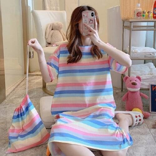 Womens Nightdress High Quality Cotton Girl Home Wear New Cartoons Pajamas Rainbow Loose Nightdress Round neck Hot Sale Pajamas