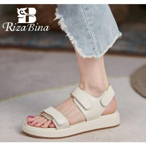 RIZABINA Women Genuine Leather Sandals Shoes Hook&Loop Platform Wedge Heel Casual Solid Color Fashion Ladies Footwear Size 34-39