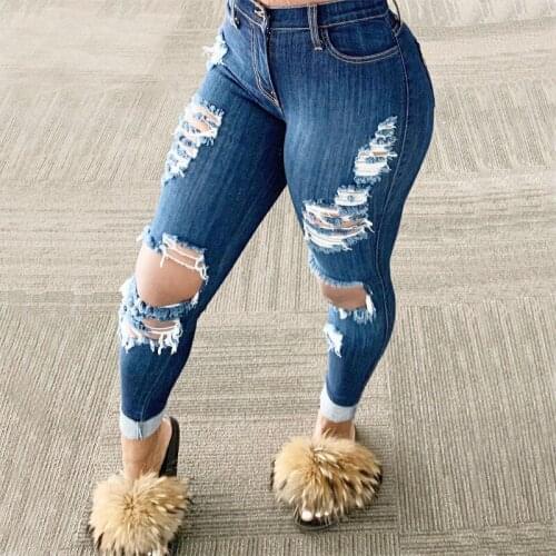 Womens Jeans Sexy Hip Slim 2021 Fashion Woman Jeans With Holes In The Knee Stretch Skinny Blue Slouchy Denim Jean Trendy pants