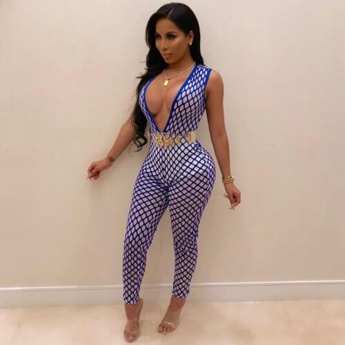 Crazy Plunge V Neck Plaid Mesh Legging For Women Sleeveless See Through Long Leg Colorblock Skinny Club Sexy Jumpsuit