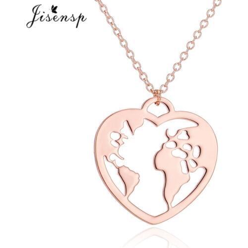 Jisensp Globe World Map Pendant Necklace for Women Rose Gold Heart Charms Necklace Wonderlust Handmade Jewelry Gift