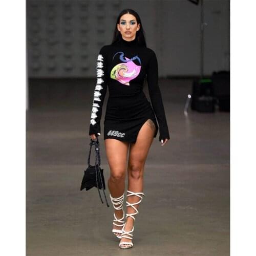 ZKYZWX Aesthetic Print Turtleneck Mini Dress for Women Birthday Outfits Sexy One Piece Streetwear Irregular Overalls Dresses