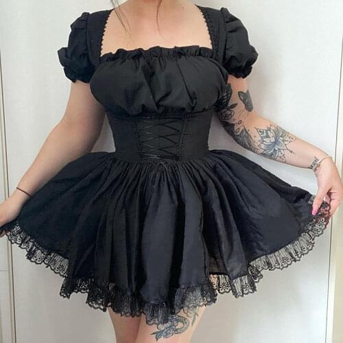 Japanese Lolita Dresses For Women 2021 Princess Gothic Mini Dress Kawaii High Waist Puff Sleeve Lace Ruffles Party Robe Femme