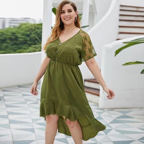 2021 Womens Summer Dress Plus Size V-Neck Sexy Lace Stitching Solid Dress Ladies Elegant Long Dresses Big Size Outfits Vestidos