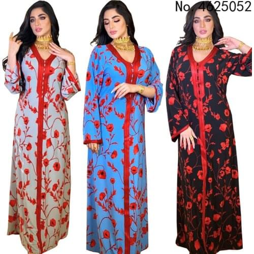 Vintage Floral Print Maxi Long Dress V-Neck Female Casual Abayas For Women Dubai Islamic Fashion Muslim Robe 2021