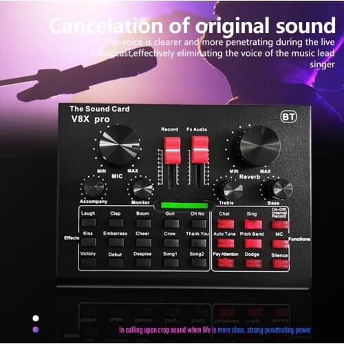 V8X Pro Live Sound Card 15 Sound Effects Audio Recording Equipments With BT function ​Intelligent DSP chip noise reduction