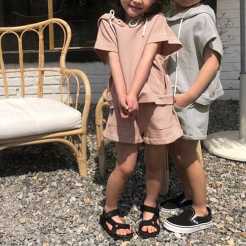 2021 Children Summer New Sports Casual Hooded Solid Color Cotton Short Sleeve Shorts Suit for Boys and Girls