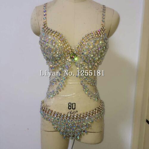 Sequined Rhinestone Crystal Bra Short Chains Punk Costumes Nightclub Singer Dancewear Female Singer Ds Sexy Womens Clothing Set