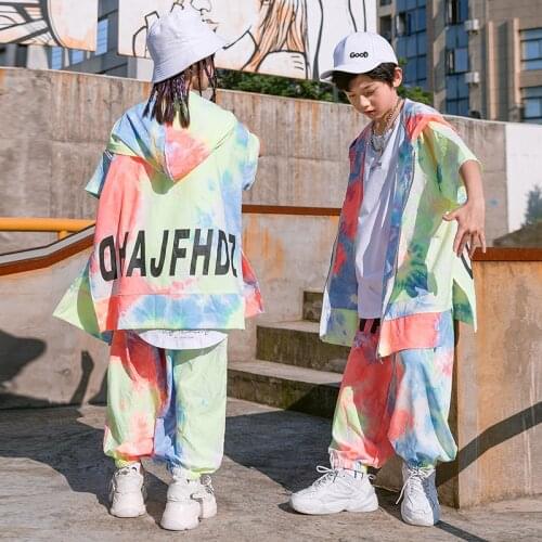 ChildrenS Street Dance Wear Multicolor Hoodie Crop Tops Loose Pants Summer Boys Girls Jazz Dance Hip Hop Rave Clothes DQS7435