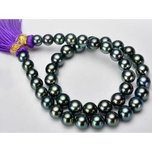 Free shipping elegant AAAround 11-10mmTahitian black green pearl necklace18inch