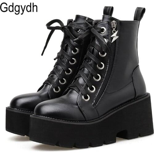 Gdgydh Modern Design Womens Motorcycle Boots Platform Heels Lace Up Metal Zipper Punk Shoes Military Boots Woman Hith Quality