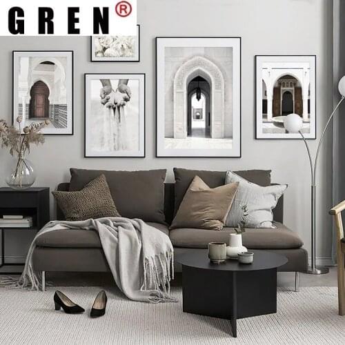 GREN Living Home Decor Arch Door Islamic Mosque Muslim Arab Calligraphy Canvas Painting Wall Art Print Poster Picture Modern
