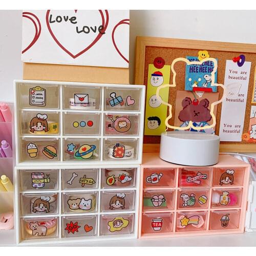 Kawaii Transparent 6 Grid Drawer Desktop Storage Box Desk Organizer Holder Free Sticker School Office Stationery