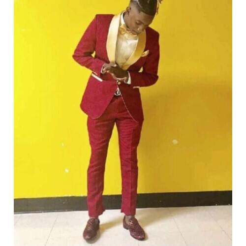 Custom Made Burgundy Jacquard 2 Pieces Mens Suits Slim Fit Gold Lapel Groom Prom Tuxedos Groomsmen Blazer For Wedding Best Man