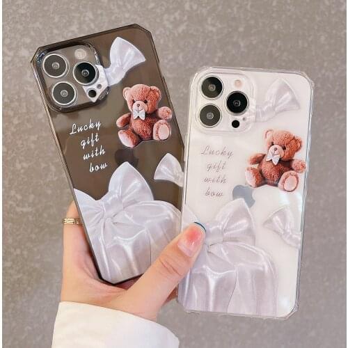 Cute Cartoon Plush Bear Transparent Phone Case For iPhone 11 12 Pro Max XS XR X 7 8 Plus SE 2020 Soft Clear Back Cover Coque