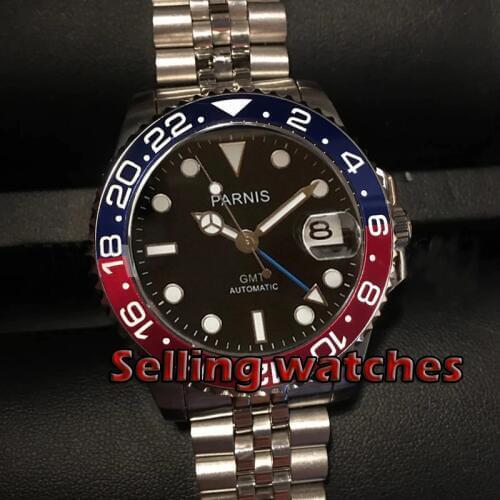 40mm PARNIS black dial bezel Jubilee Bracele Sapphire crystal date GMT automatic mens watch Mechanical watches