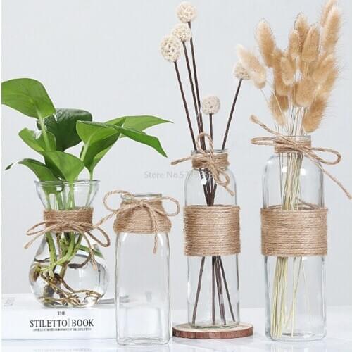 Nordic Glass Vases Living Room Table Decoration Transparent Water Hydroponics Flower Rope Dry Flower Vase DIY Valentines Day