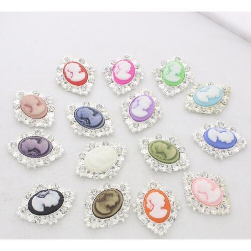 Wholesale Women Diamond-shaped Head Portrait Button Flatback Silver Metal Buttons Clear Rhineatone For Garment Decoration 100pc