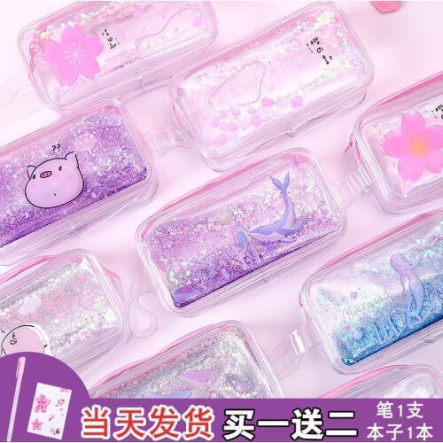 School Supplies Transparent Quicksand Pen Case Cute Korean Stationery Bag Simple Large Capacity Pencil Pouch