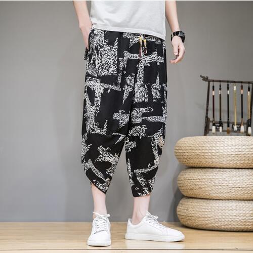 Mens Korean Harajuku Style Loose Printing Sweatpant Beach Casual Cotton Harem Bloomers Pants Streetwear Trouser Men