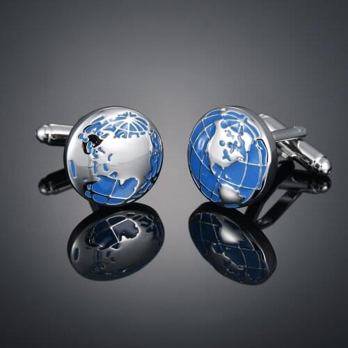 Blue globe Cufflinks French long sleeve shirt with studs and Cufflinks