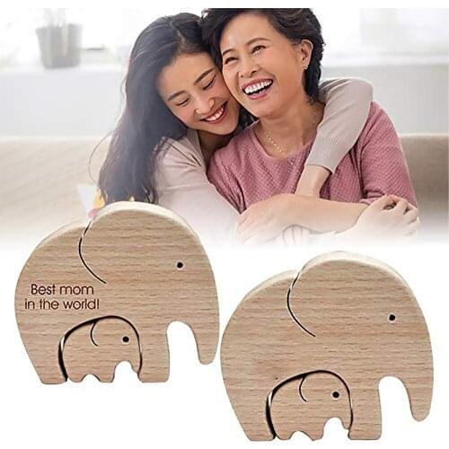Elephant Mother and Child Exquisite Hand-carved Wooden Ornament Crafts Office Desktop Decor Animal Figurines Mothers Day Gift