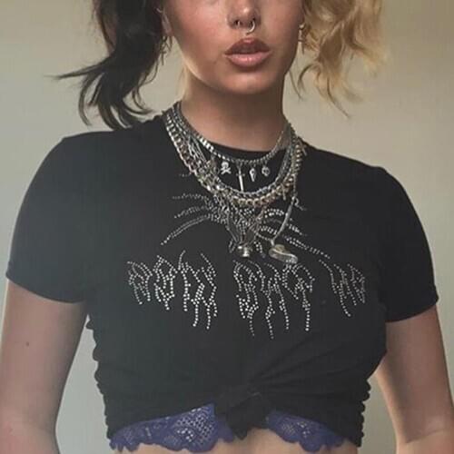 Rhinestone Gothic Grunge T-Shirts Mall Goth Punk Style Black Bodycon Women Crop Tops Short Sleeve Crewneck Streetwear