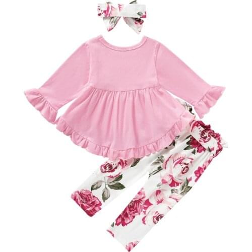 Spring Autumn Girls Suits Ruffled Tops Flower Print Pants Hairband Set Girls Floral Trousers Suits