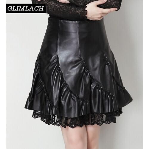 2020 Office Lady Sexy Lace Real Leather Skirt Fashion Black Genuine Leather Sheepskin Pleated Skirt Women Autumn A-Line Skirts