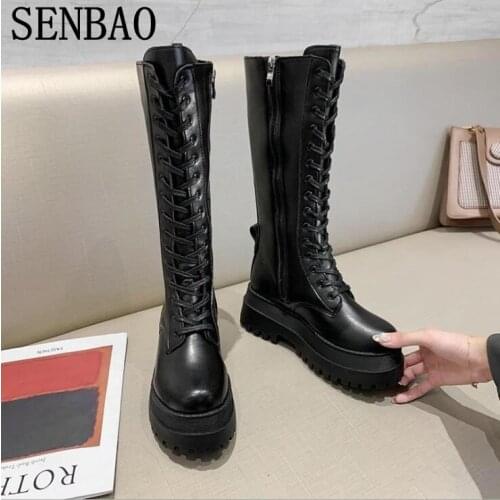 Women Combat Boots Antumn 2020 Female High Platform Gothic Shoes Black Leather Boots Lace up Fashion Women Knee High Martin Boot