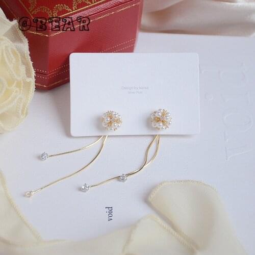 OBEAR 14k Real Gold Plated European Exquisite Crystal Pearl Tassel Stud Earrings Women Temperament Simple Wedding Jewelry