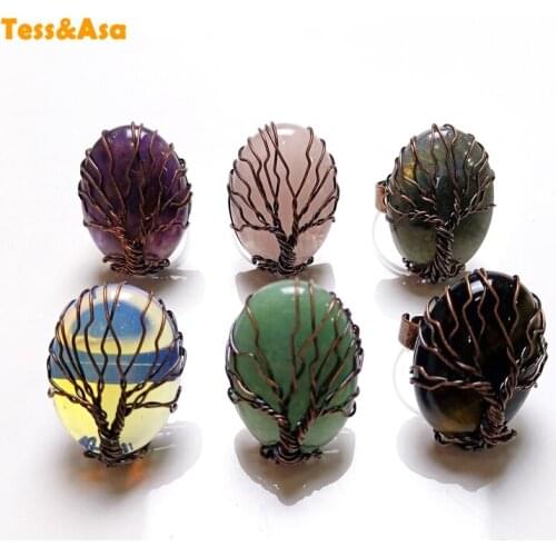 Vintage Stone Rings Natural Crystal Beads For Women Vintage Finger Jewelry Egg Shape Wire Wrapped Tree of Life Adjustable Rings
