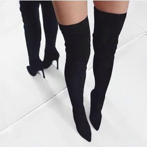 Winter Women Hot Long Boots Real Photo Apricot Black Pink Suede Pointed Toe Over The Knee Boots Thin Boots Stiletto Heels