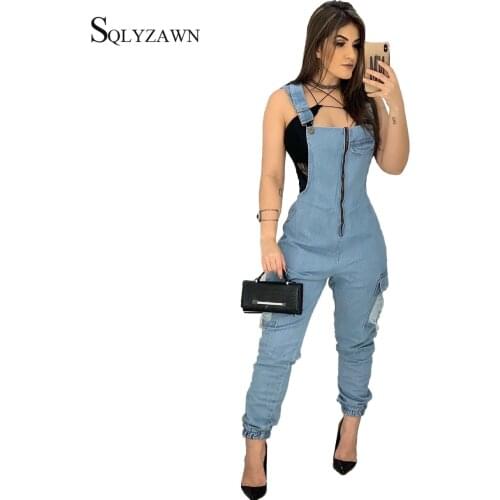 Summer Spaghetti Strap Button Jumpsuit Women Zipper Long Denim Jeans Casual Pocket Straight Jeans Romper Trendy Long Overalls