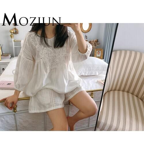Sexy Women Pajamas Set Shorts White Lace Top Royal Embroidery Night Sleep Shirt Two Piece Set Loungewear Brand Mozjun #MZ92