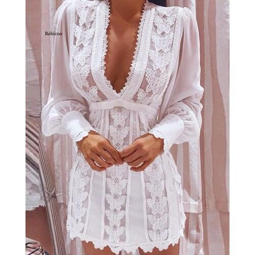 Women Spring Autumn Summer Boho Lace Sexy Fashion Elegant Solid Sheer Mesh Puff Sleeve Butterfly Lace Mini Dress V Neck