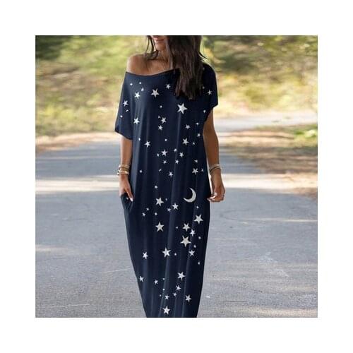 Summer New Popular European And American Womens Leisure Loose Printing Short Sleeve Pocket Lady Long Dresses