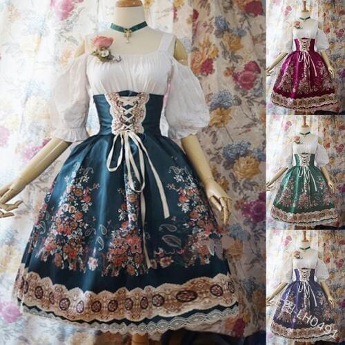 2020 New Print Flower Women Slim Dress Vintage Princess Gown Gothic Style Girl Lolita Cosplay Costume Renaissance Dresses 5XL