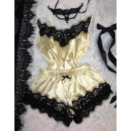 2020 Sexy Pajamas Set Womens Sleeveless Top + Shorts 2 Piece Set Pajamas Set Sexy Lace Satin Comfortable Pajamas