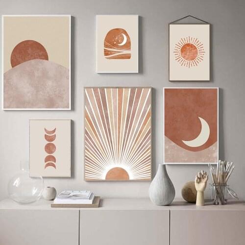 Abstract Landscape Painting Sun And Moon Scene Canvas Prints Poster Warm Tones Wall Art Pictures For Living Room Home Decor